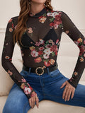 Floral Pattern Mesh Mock Neck T-Shirt, Casual Long Sleeve Top For Spring & Fall, Women's Clothing