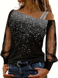 Mesh Stitching Cold Shoulder T-Shirt, Casual Long Sleeve Top For Spring & Fall, Women's Clothing