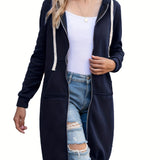 Solid Zip Up Long Length Hoodie, Casual Long Sleeve Drawstring Hoodies Sweatshirt, Women's Clothing