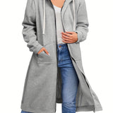 gbolsos  Plus Size Casual Sweatshirt, Women's Plus Solid Zipper Front Drawstring Long Sleeve Slight Stretch Hoodie Coat With Pockets