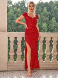 gbolsos  Sequined Split Thigh Dress, Elegant Maxi Dress For Party & Banquet, Women's Clothing