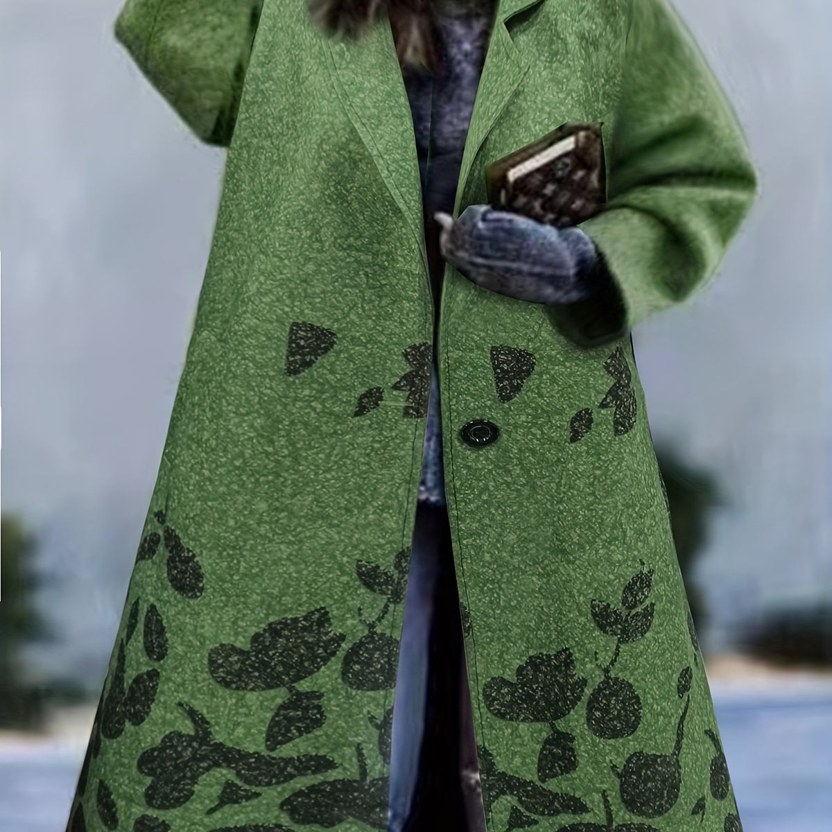 Plus Size Elegant Coat, Women's Plus Floral Silhouette Print Long Sleeve Lapel Collar Longline Woolen Coat