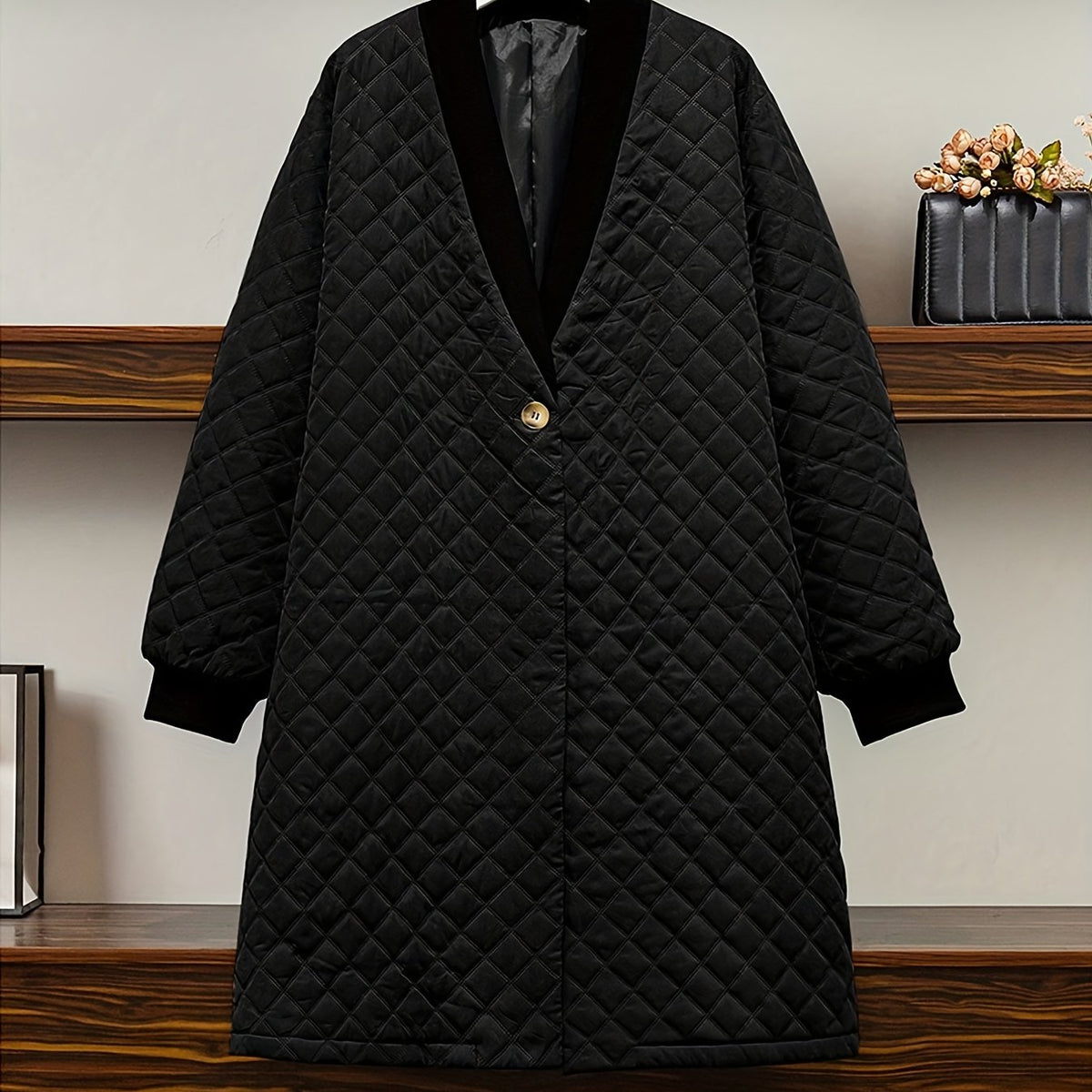 Plus Size Elegant Coat, Women's Plus Argyle Pattern Quilted Long Sleeve Button Up V Neck Longline Puffer Coat