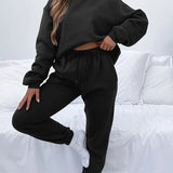 gbolsos  2pcs Solid Color Suits, Crew Neck Long Sleeve Pullover Sweatshirt & Drawstring High Waist Jogging Pants Sets, Women's Clothing
