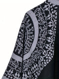 Plus Size Boho Winter Coat, Women's Plus Madala Print Batwing Sleeve Open Front Shawl Coat