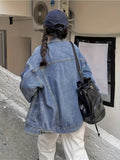 gbolsos  Plain Loose Fit Denim Jackets, Patch Pockets Long Sleeves Lapel Versatile Denim Coats, Women's Denim Clothing