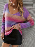 gbolsos  Plus Size Elegant Sweater, Women's Plus Stripe Print V Neck Long Sleeve Slight Stretch Sweater