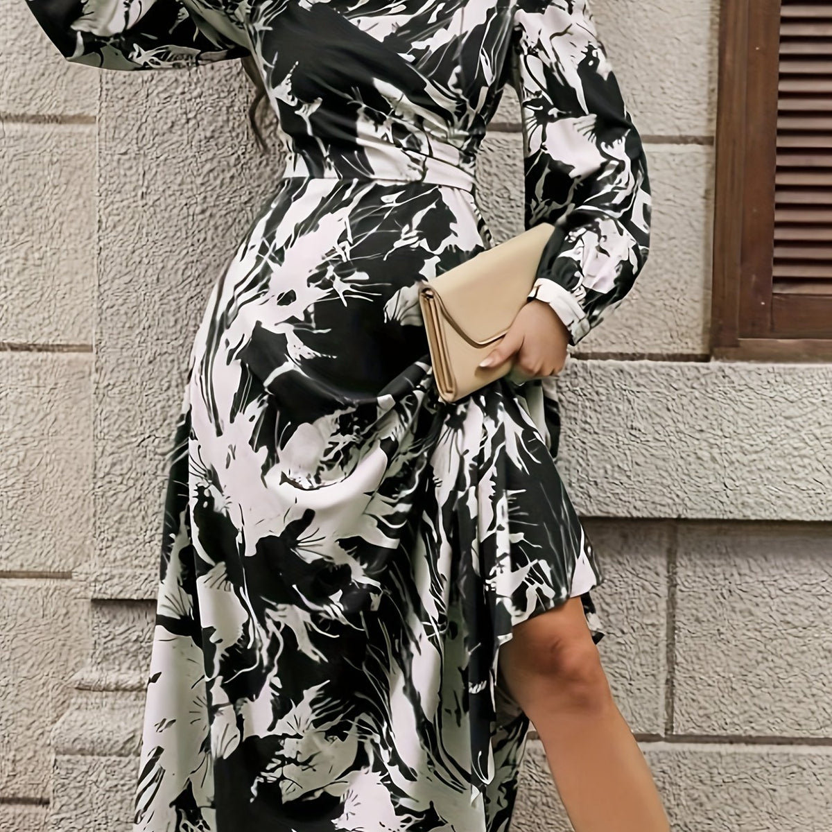 gbolsos Graphic Print Crew Neck Dress, Elegant Long Sleeve Dress For Spring & Fall, Women's Clothing