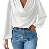 gbolsos  Long Sleeve Cowl Neck Blouse, Solid Casual Top For Fall & Spring, Women's Clothing