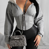 gbolsos  Zip Up Crop Hoodie, Long Sleeve Hoodies Sweatshirt, Casual Tops For Fall & Winter, Women's Clothing
