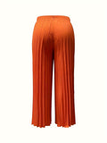 gbolsos  Plus Size Solid Pleated Wide Leg Pants, Casual High Waist Pants, Women's Plus Size Clothing