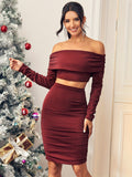 Elegant Solid Two-piece Skirt Set, Off Shoulder Ruched Long Sleeve Crop Top & Bodycon Skirts Outfits, Women's Clothing