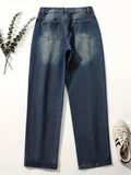 gbolsos  Blue Loose Fit Straight Jeans, Single Breasted Button Slant Pockets Denim Trousers, Women's Denim Jeans & Clothing