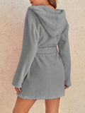 Simple Solid Fuzzy Night Robe, Casual Long Sleeve Hooded Robe With Belt & Pockets, Women's Sleepwear