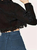 gbolsos  Black Cropped Denim Jackets, Distressed Raw Hem Long Sleeve Casual Single Breasted Button Flap Pockets Denim Coats, Women's Denim Clothing