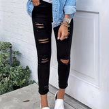gbolsos  Plain Ripped Holes Skinny Jeans, Slim Fit Slash Pockets Slight-Stretch Casual Denim Pants, Women's Denim Jeans & Clothing
