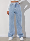 Light Blue Versatile Straight Jeans, Loose Fit Slash Pockets Baggy Denim Pants, Women's Denim Jeans & Clothing