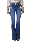 gbolsos  Blue Double Button Flare Jeans, High Waist Ripped Holes High Stretch Versatile Bell Bottom Jeans, Women's Denim Jeans & Clothing