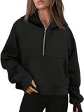 gbolsos  Solid Kangaroo Pocket Hoodie, Casual Zip Front Long Sleeve Hoodies Sweatshirt, Women's Clothing