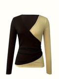 Color Block V-neck T-shirt, Casual Long Sleeve Slim T-shirt For Spring & Fall, Women's Clothing