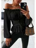 Off Shoulder Ruffle Trim Blouse, Casual Solid Long Sleeve Tie Front Blouse, Women's Clothing