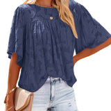 gbolsos  Casual Lace Flare Sleeve Blouse, Short Sleeve Crew Neck Solid Blouse, Casual Every Day Tops, Women's Clothing