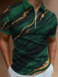 Casual Short Sleeves Polo Shirts, Zipper Striped V-neck Tee, Men's Comfortable Slim Tops Summer Clothing