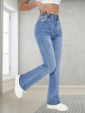 Light Blue Casual Bootcut Jeans, Mid-Stretch Slant Pockets High Waist Denim Pants, Women's Denim Jeans & Clothing