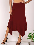 Plus Size Elegant Skirt, Women's Plus Solid High Rise Medium Stretch Asymmetric Hem Skirt