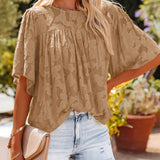 gbolsos  Casual Lace Flare Sleeve Blouse, Short Sleeve Crew Neck Solid Blouse, Casual Every Day Tops, Women's Clothing