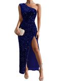 Sequined One Shoulder Split Dress, Elegant Bodycon Dress For Party & Banquet, Women's Clothing