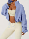 gbolsos  Zip Up Drop Shoulder Jacket, Casual Solid Long Sleeve Drawstring Crop Jacket For Fall, Women's Clothing