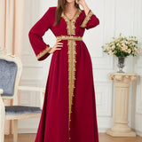 Lace Trim Kaftan Dress, Elegant V Neck Long Sleeve Maxi Dress, Women's Clothing