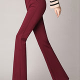 Long Flare Leg Pants, Casual High Waist Work Solid Elastic Pockets Fashion Pants, Women's Clothing