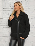 Solid Zipper Lapel Teddy Coat, Versatile Long Sleeve Thermal Coat For Fall & Winter, Women's Clothing