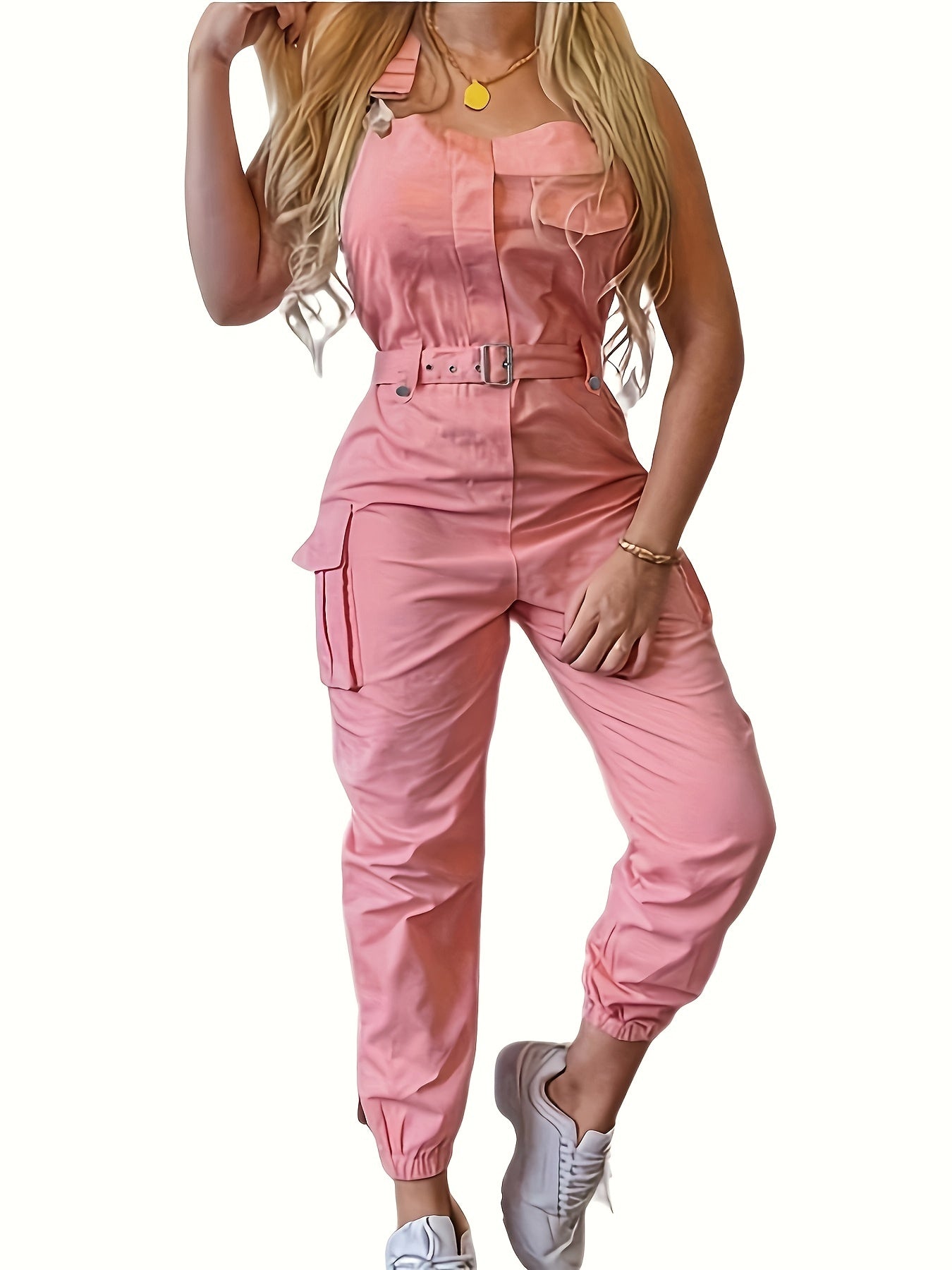 elveswallet  Flap Pockets Belted Overall Jumpsuit, Casual Overall Jumpsuit For Spring & Summer, Women's Clothing