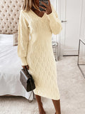 gbolsos   Plus Size Casual Sweater Dress, Women's Plus Solid Eyelet Embroidered Long Sleeve V Neck Midi Sweater Dress