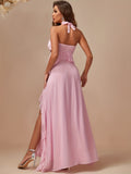 gbolsos  Floral Decor Halter Neck Bridesmaid Dress, Elegant Backless Split Dress For Wedding Party & Banquet, Women's Clothing