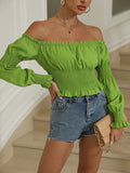 Lettuce Trim Off Shoulder Blouse, Sexy Solid Puff Sleeve Shirred Blouse, Women's Clothing