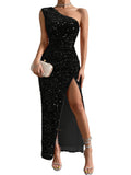 Sequined One Shoulder Split Dress, Elegant Bodycon Dress For Party & Banquet, Women's Clothing