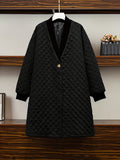 Plus Size Elegant Coat, Women's Plus Argyle Pattern Quilted Long Sleeve Button Up V Neck Longline Puffer Coat