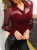 gbolsos  Solid Sheer Contrast Blouse, Casual Collar Long Sleeve Slim Blouse, Women's Clothing