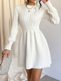 Cable Knit Sweater Dress, Elegant Crew Neck Long Sleeve Dress, Women's Clothing