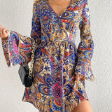 Paisley Print Layered Dress, Boho V Neck Long Sleeve Pleated Dress, Women's Clothing