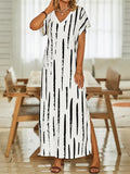 Striped Print Split Maxi Dress, Casual V Neck Short Sleeve Dress, Women's Clothing