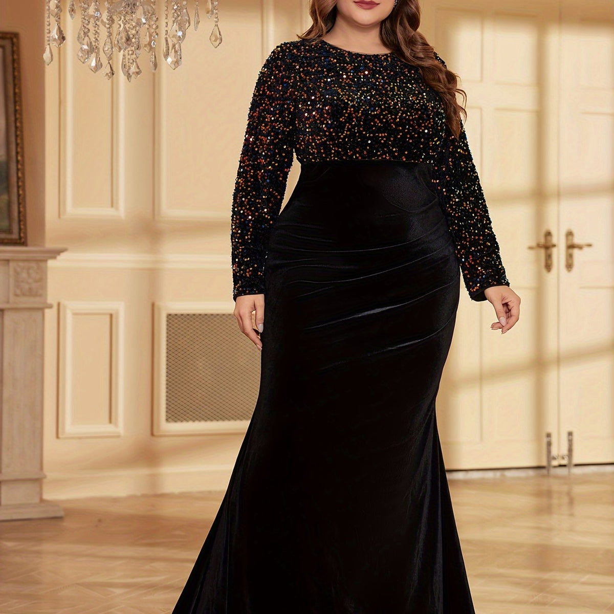 gbolsos  Plus Size Elegant Bridesmaid Dress, Women's Plus Shiny Sequin Long Sleeve Round Neck Mermaid Hem Bodycon Party Dress