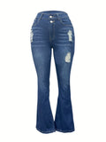 gbolsos  Blue Double Button Flare Jeans, High Waist Ripped Holes High Stretch Versatile Bell Bottom Jeans, Women's Denim Jeans & Clothing