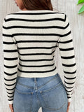 Striped Print Notched Neck Knit Sweater, Casual Slim Long Sleeve Sweater, Women's Clothing