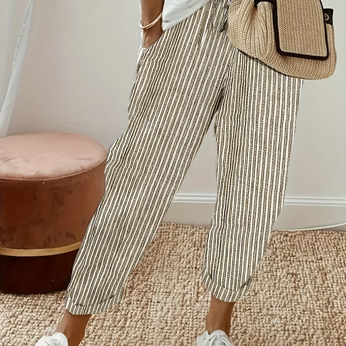gbolsos  Striped Slant Pocket Drawstring Pants, Casual Pants For Spring & Summer, Women's Clothing