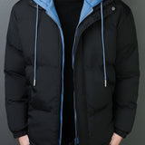 Men's Hooded Padded Jacket, Men Casual Fake Two Piece Padded Coat Windbreaker Zipper For Men Winter